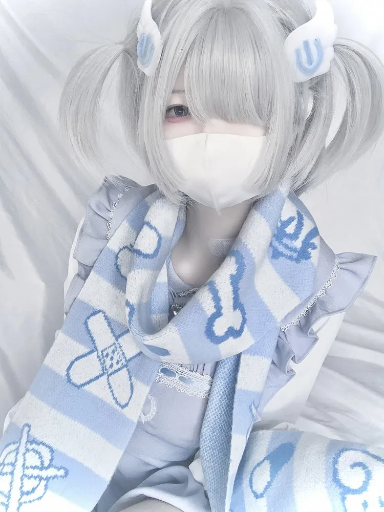 Band-Aid Pattern Blue and White Yami Kawaii Striped Scarf