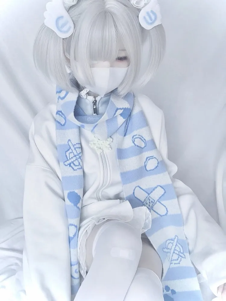 Band-Aid Pattern Blue and White Yami Kawaii Striped Scarf