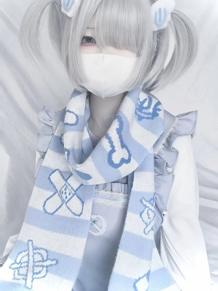 Band-Aid Pattern Blue and White Yami Kawaii Striped Scarf