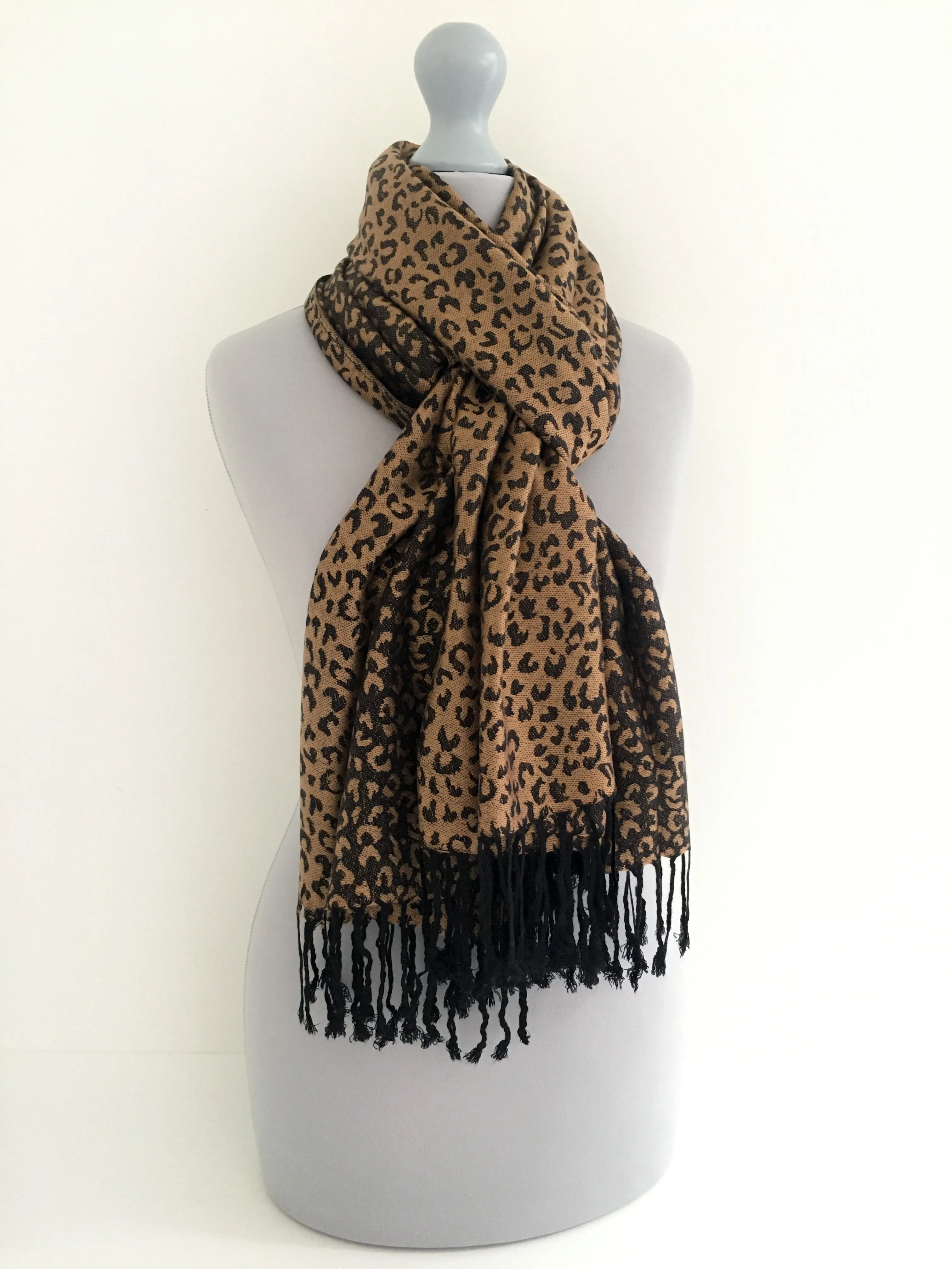 BROWN SMALL LEOPARD PRINT REVERSIBLE PASHMINA SHAWL SCARF