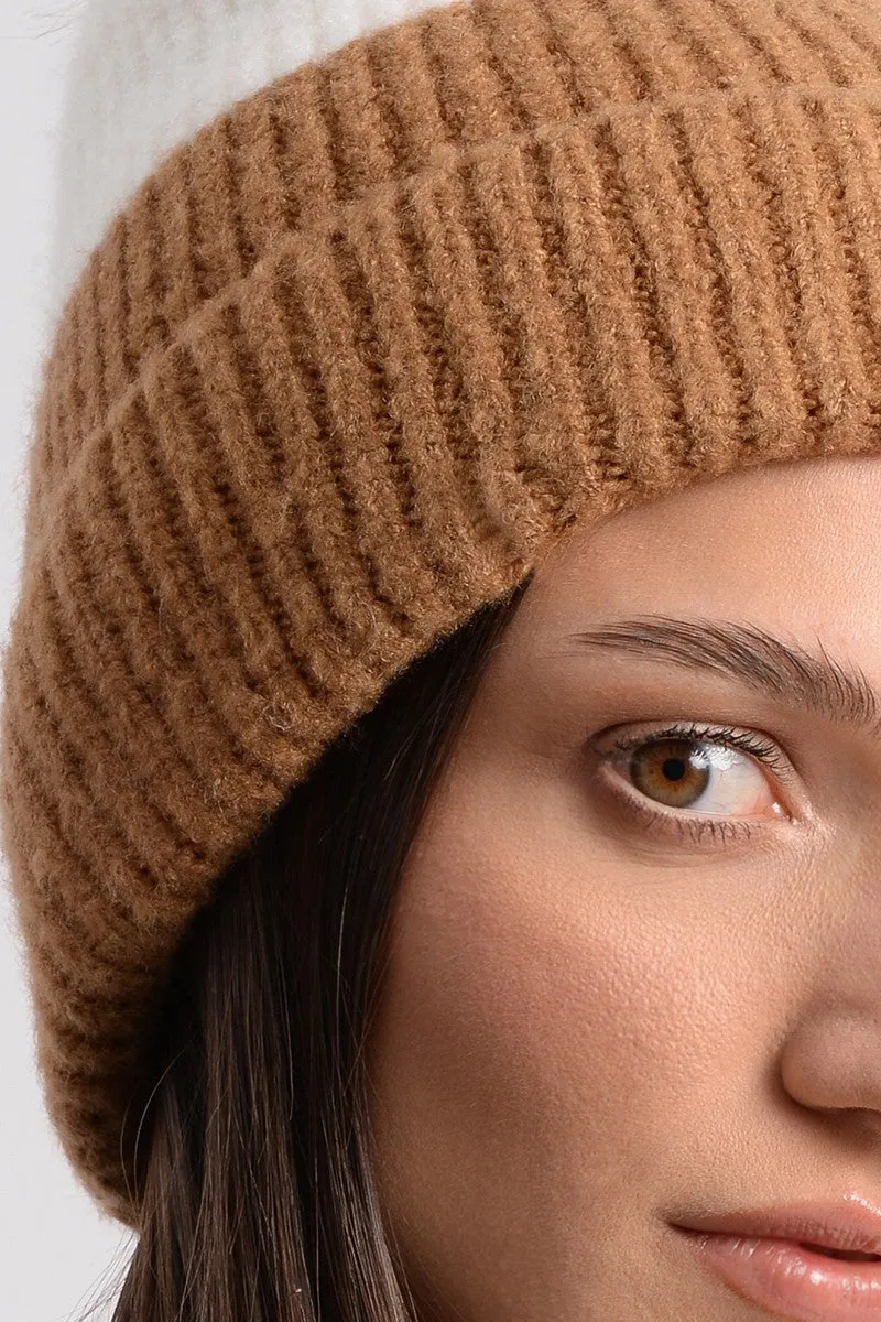Cream & Camel Color block Pom Pom Hat