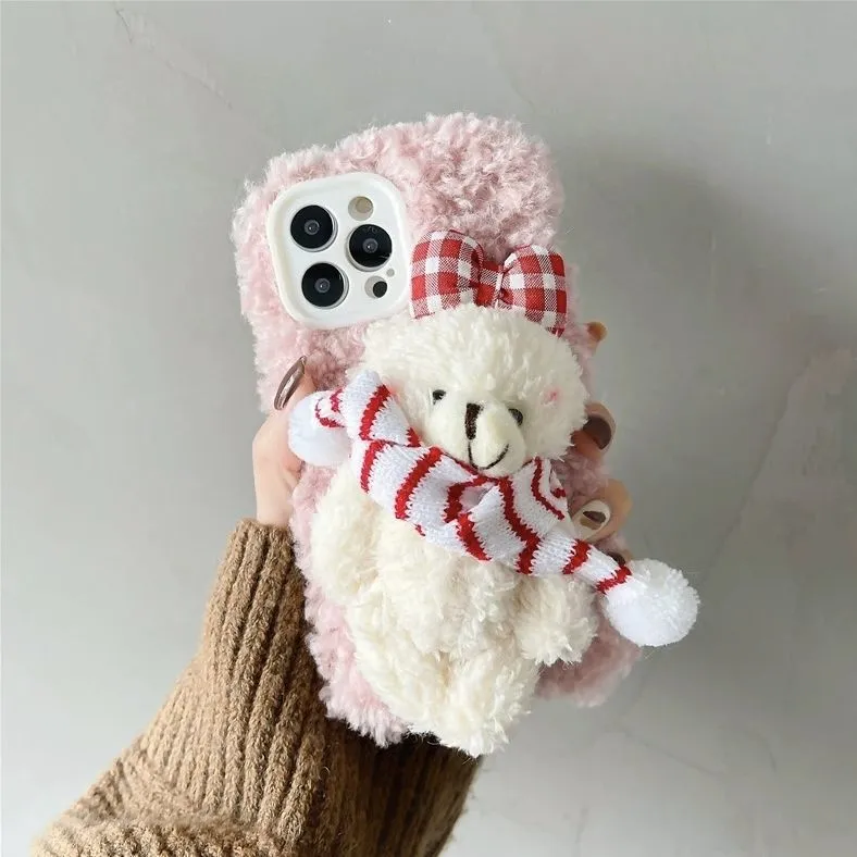 Cute Scarf Bear Fuzzy iPhone Case