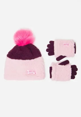 Faux Sherpa Pom-Pom Beanie Hat & Gloves