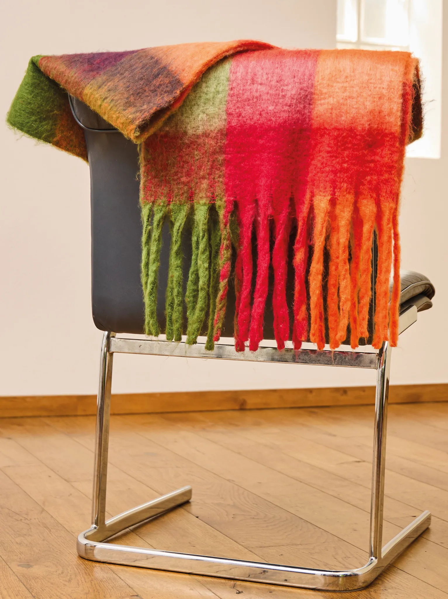 Fluffy Checked Fringe Scarf - Rust