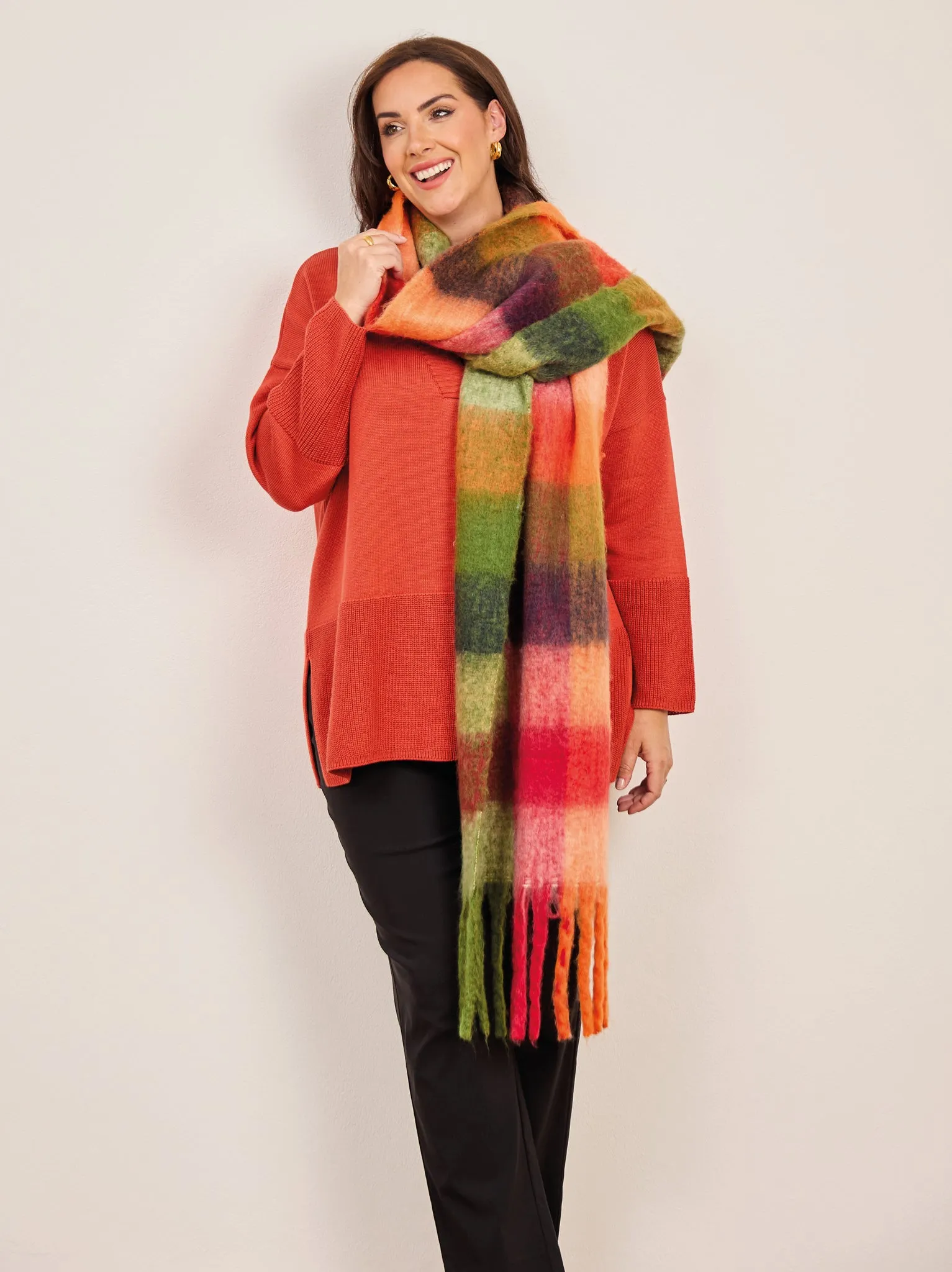 Fluffy Checked Fringe Scarf - Rust