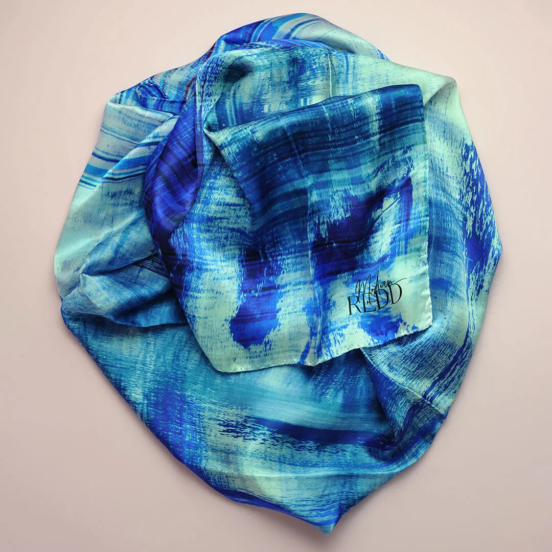 Girlean Modish Redd Blue Sea Abstract Silk Scarf