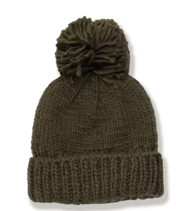 Hand Knit Pom Hat - Olive & Ivory