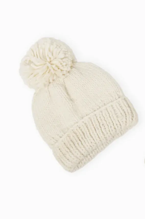 Hand Knit Pom Hat - Olive & Ivory