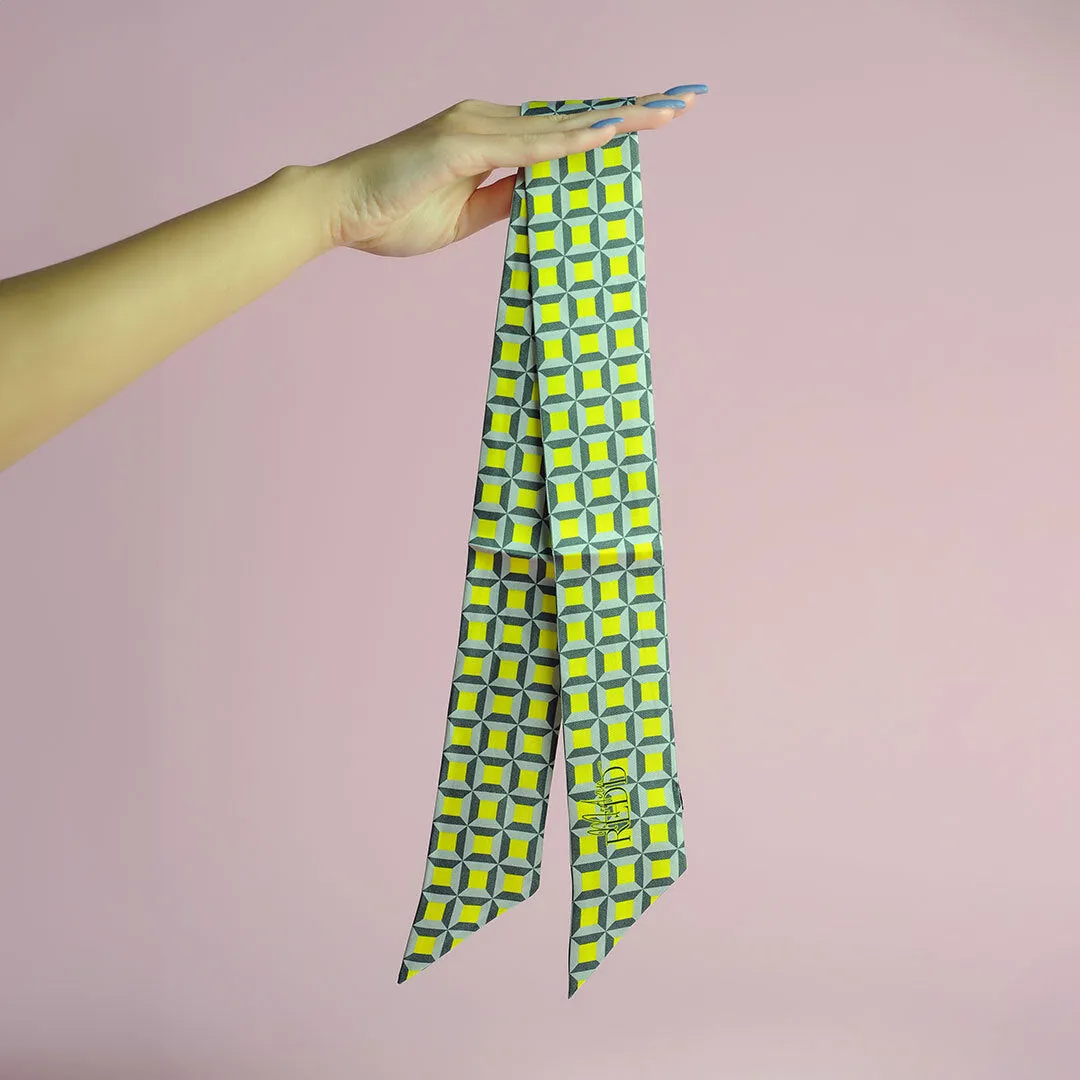 Haute Redd Neon Yellow & Grey Checkers Silk Twilly Scarf