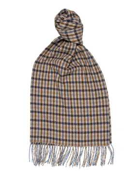 Joshua Ellis Classic Check 100% Cashmere  Scarf Fawn x Blue