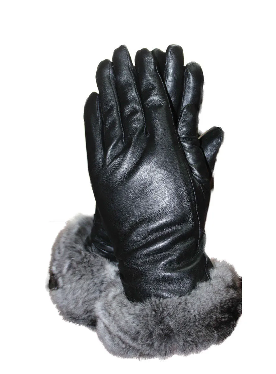 Stylish Chinchilla Fur Trim Lamb Leather Gloves