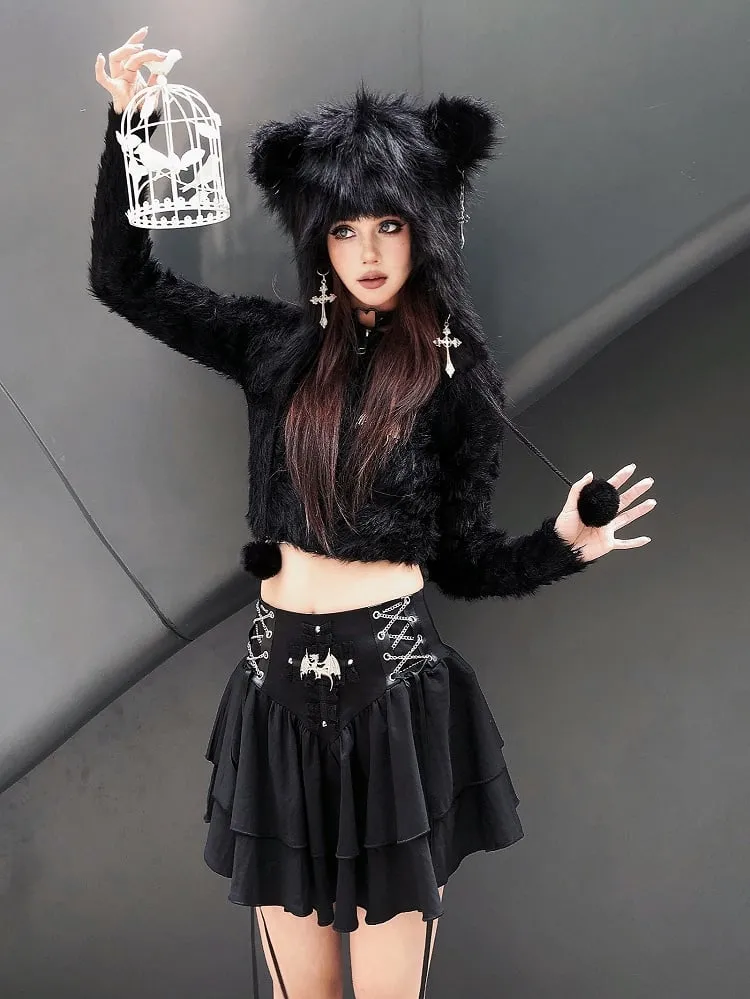 Punk Black Animal Ears Design Fluffy Pompoms Plush Hat