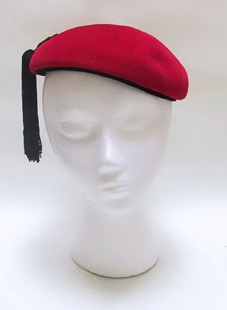 Red Wool Beret with Silk Black Fringe