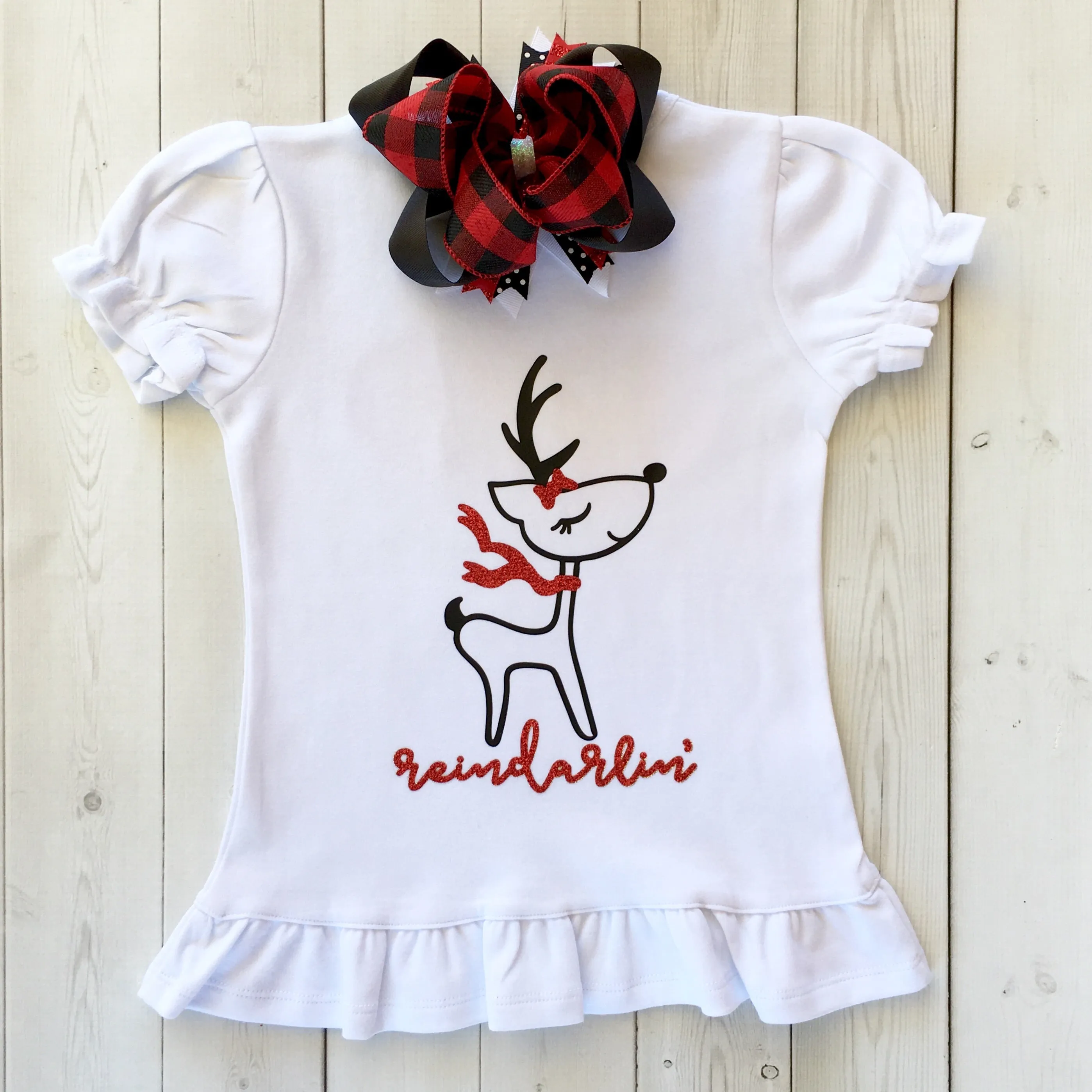 Reindarlin' Girls Shirt and Red Buffalo Plaid Single Ruffle Pant Set