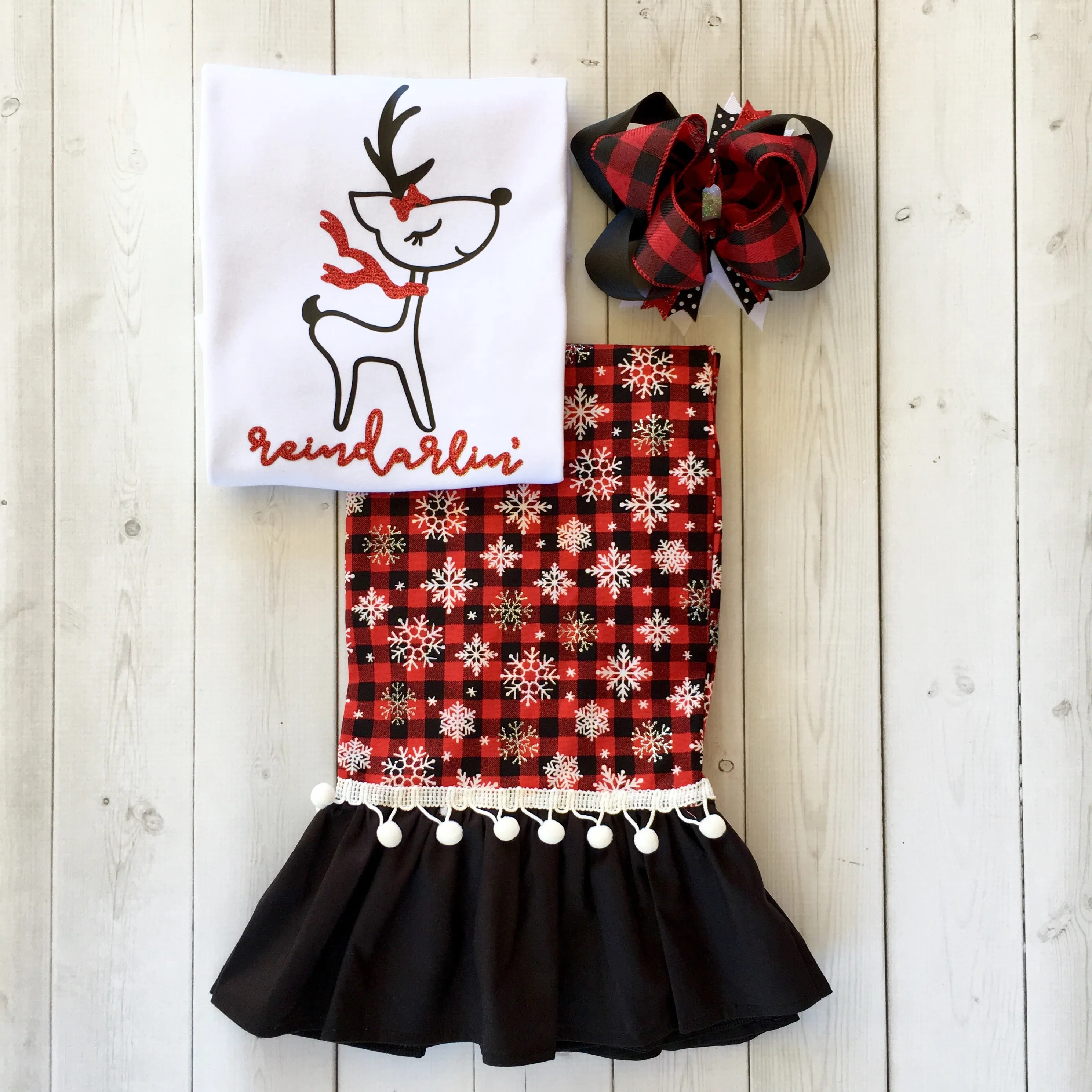 Reindarlin' Girls Shirt and Red Buffalo Plaid Single Ruffle Pant Set