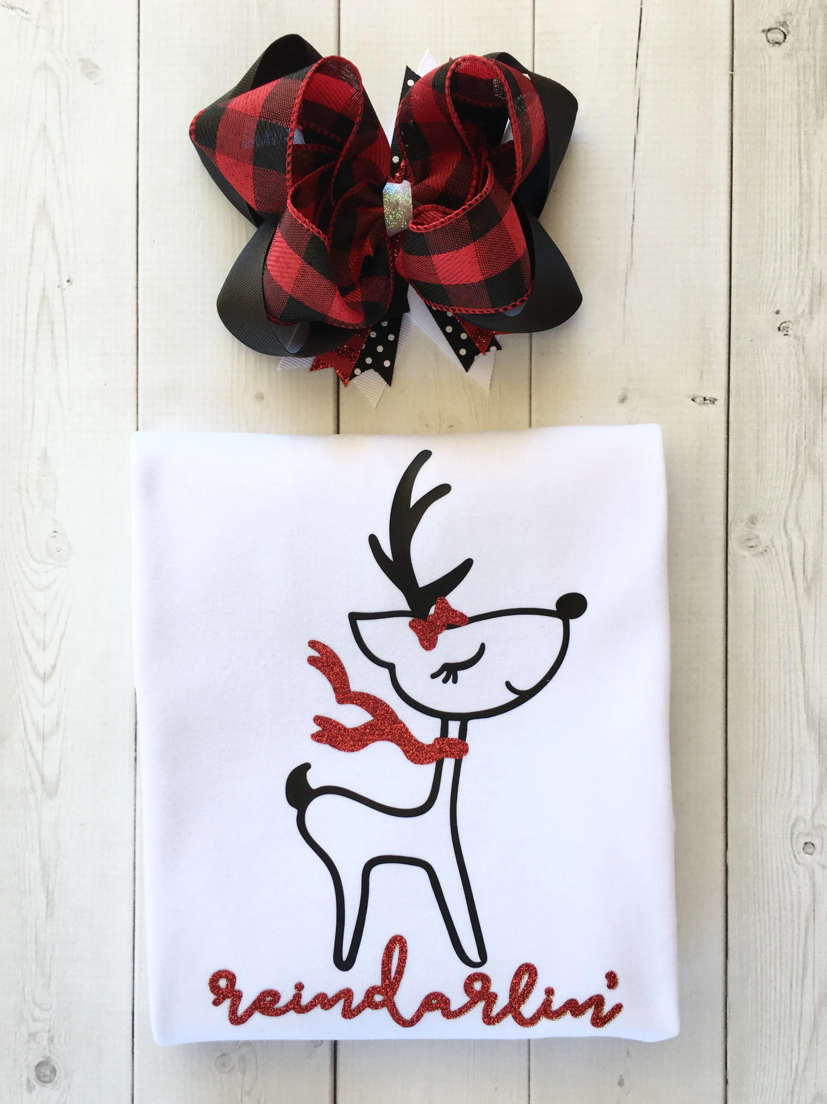 Reindarlin' Girls Shirt and Red Buffalo Plaid Single Ruffle Pant Set
