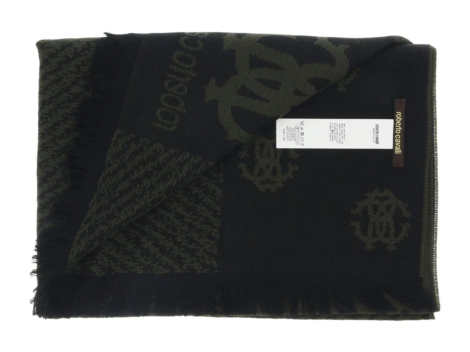 Roberto Cavalli ESZ032 04000 Green Wool Blend Logo Mens Scarf