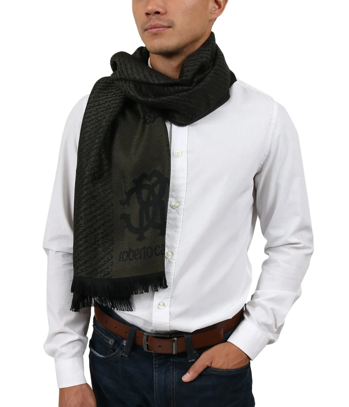 Roberto Cavalli ESZ032 04000 Green Wool Blend Logo Mens Scarf