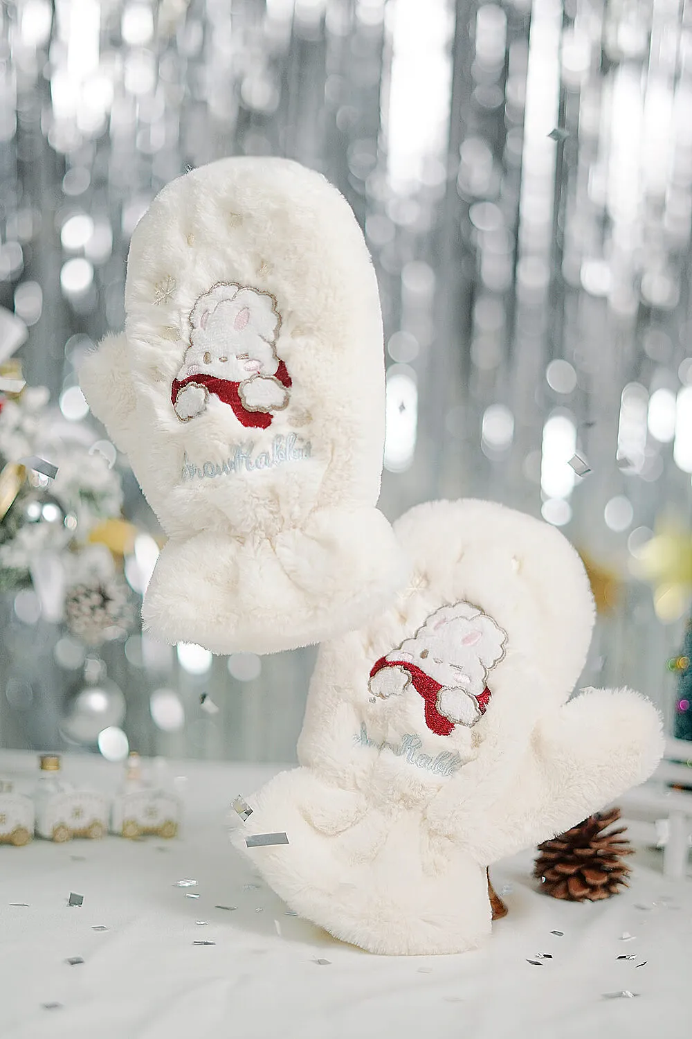 Snow Rabbit Embroidery Furry Mittens