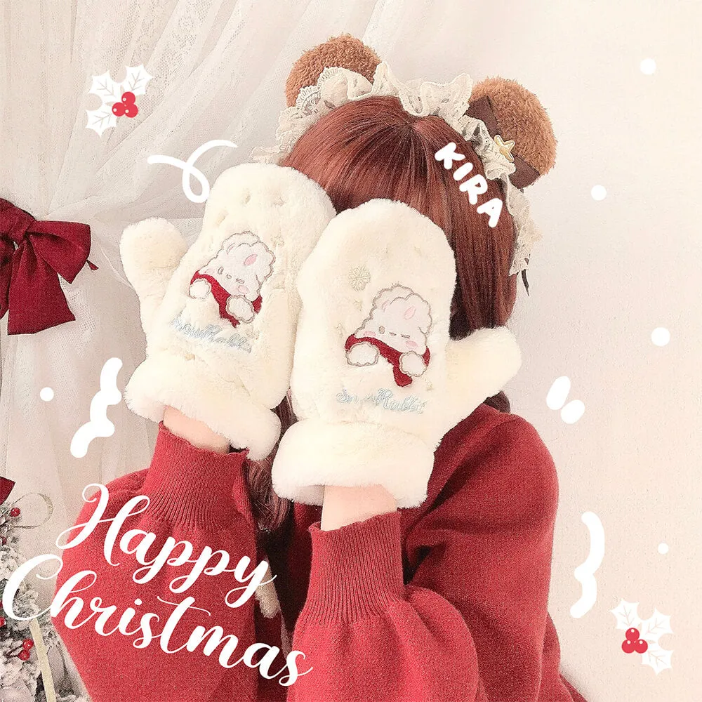 Snow Rabbit Embroidery Furry Mittens