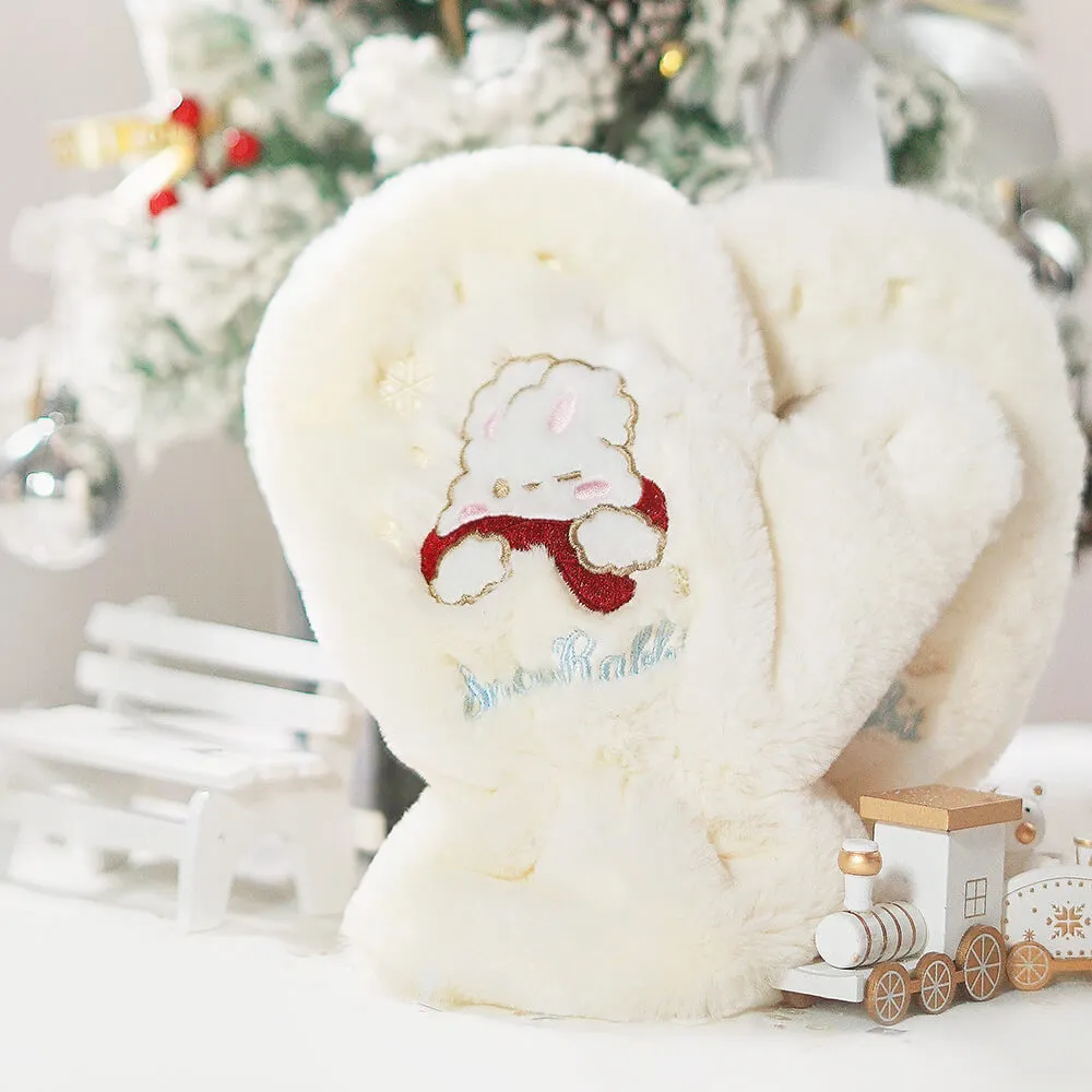 Snow Rabbit Embroidery Furry Mittens