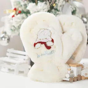 Snow Rabbit Embroidery Furry Mittens