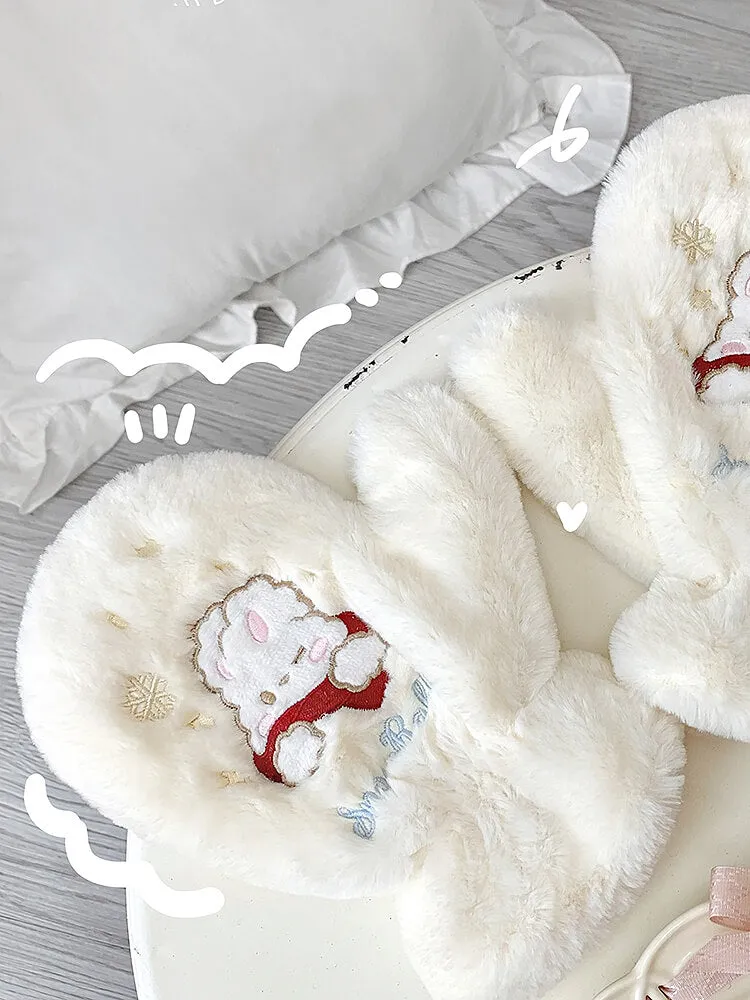 Snow Rabbit Embroidery Furry Mittens