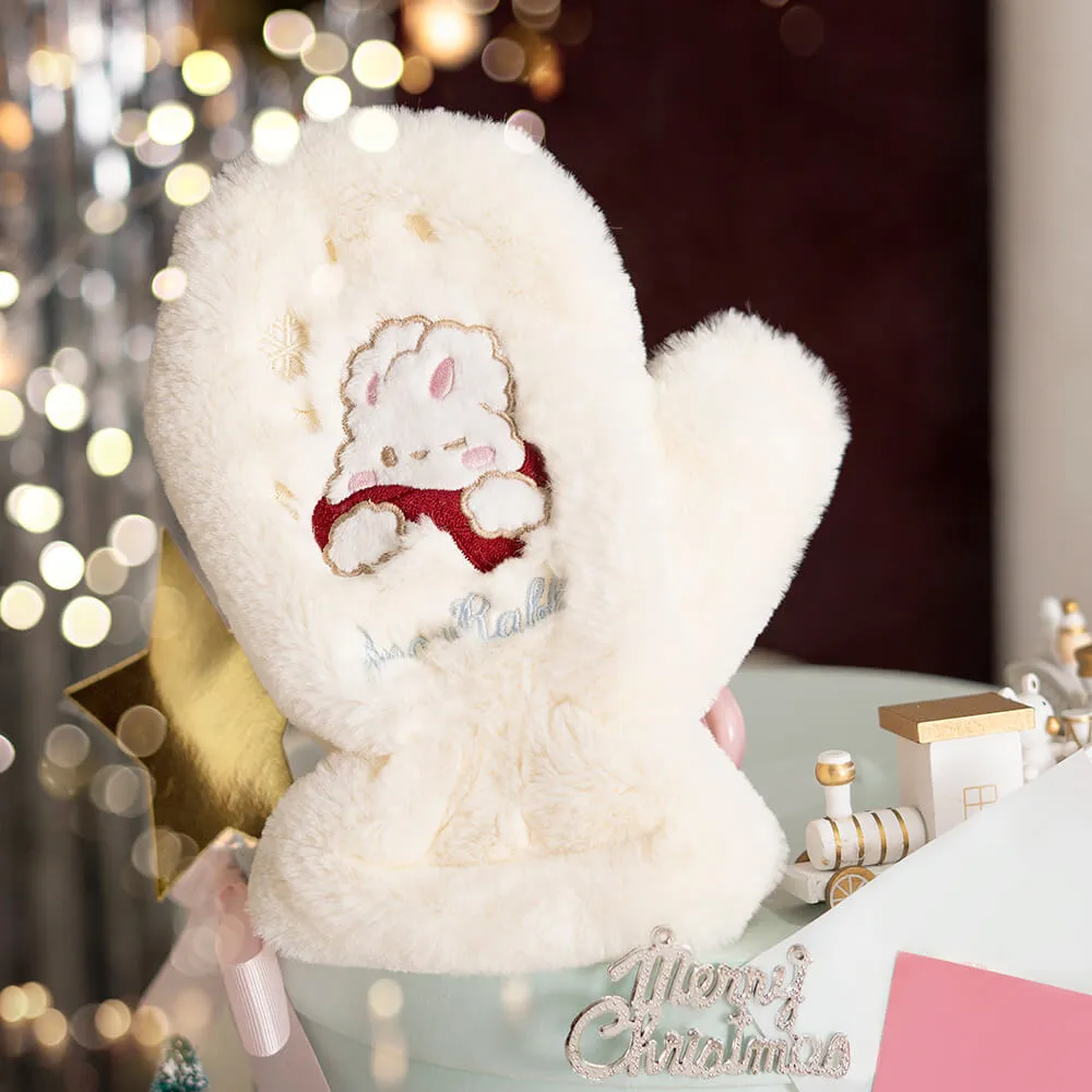 Snow Rabbit Embroidery Furry Mittens