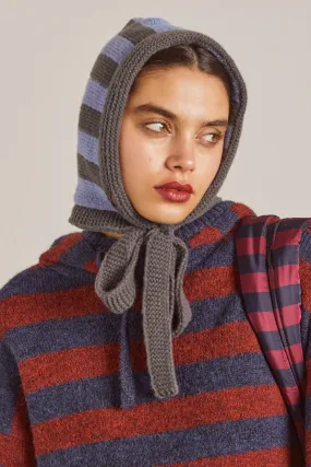 tie neck bonnet in grey & blue stripe