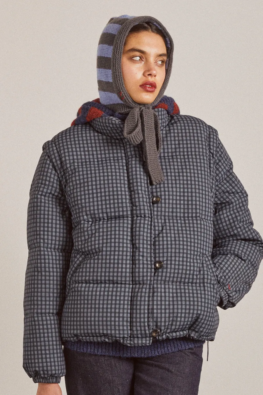 tie neck bonnet in grey & blue stripe